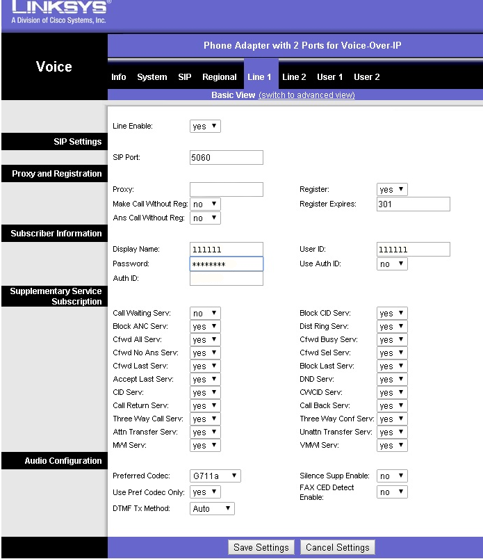 Linksys PAP2 - Line 1